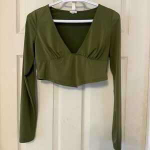 Garage Olive Green Long-Sleeve Cropped V-Neck Top